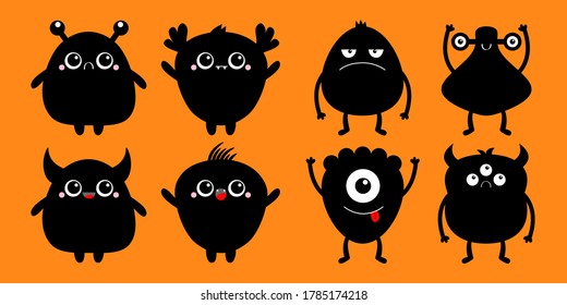 Cute monster set. Happy Halloween. Cartoon kawaii sad character icon. Eyes, horns hands up, tongue. Funny baby collection. Black silhouette. Orange background. Isolated. Flat design. Vector