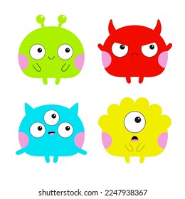 Cute monster set. Happy Halloween. Colorful animal. Funny Kawaii cartoon baby character. Three eyes, ears horns, pink cheeks. Boo. Smiling face. Sticker print. Flat design. White background. Vector