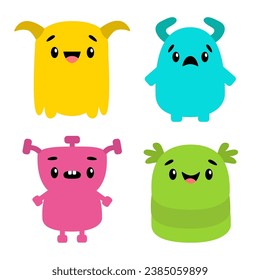Cute monster set. Happy Halloween. Colorful silhouette monsters. Different emotions. Cartoon kawaii funny boo baby character. Face with horns, teeth, eyes. White background. Flat design. Vector