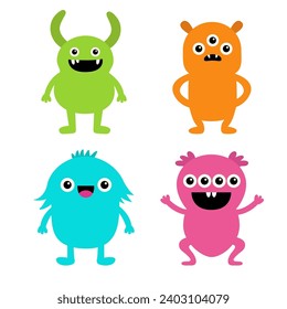 Cute monster set. Happy Halloween. Colorful monsters with different emotions. Cartoon kawaii boo baby character. Funny face head. Childish collection. White background. Flat design Vector illustration