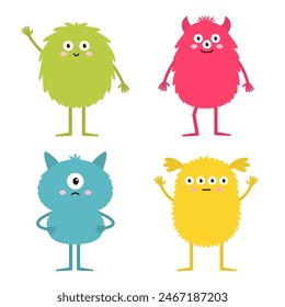 Cute monster set. Happy Halloween. Colorful silhouette monsters. Different faces. Eyes teeth, horns, hands. Kawaii cartoon funny boo character. Childish style. Flat design. White background. Vector