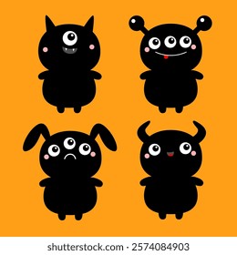 Cute monster set icon. Happy Halloween. Kawaii cartoon funny baby character. Black silhouette. Horns, fang teeth, eyes. Sticker print. Childish style. Flat design. Orange background. Vector