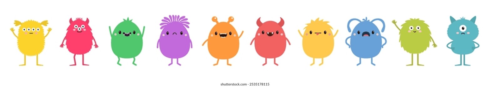 Linda línea de conjunto de monstruos. Coloridos monstruos de silueta. Feliz Halloween. Personaje divertido del libro de dibujos animados de Kawaii. Cara diferente. Dientes, ojos, cuernos, manos. Estilo infantil. Diseño plano Vector de fondo blanco