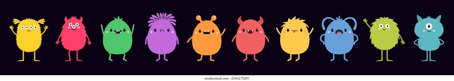 Cute monster set line. Colorful silhouette monsters. Happy Halloween. Kawaii cartoon funny boo character. Different face. Childish style.Teeth, eyes, horns, hands. Flat design. Black background Vector