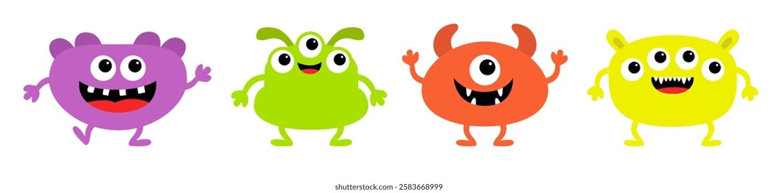 Cute monster set line. Different face. Happy Halloween. Colorful silhouette monsters. Kawaii cartoon funny boo character. Eyes, teeth, horns hands. Childish style. Flat design. White background Vector