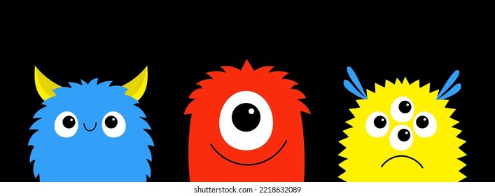 Cute monster set line. Happy Halloween. Kawaii cartoon funny baby character. Colorful silhouette. Sticker print. Eyes, horn, teeth fang tongue, wings. Flat design. Black background Vector illustration