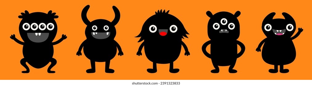 Cute monster set line. Happy Halloween. Black monsters with different emotions. Cartoon kawaii boo character. Funny head face. Childish baby collection. Orange background. Flat design. Vector