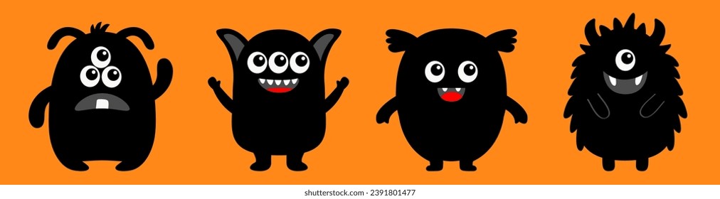 Línea de juego de monstruo. Feliz Halloween. Icono de silueta negra. Ojos, lengua, colmillo dental, manos arriba. Cuta caricatura kawaii personaje bebé asustado y gracioso. Fondo naranja. Aislado. Diseño plano. Vector