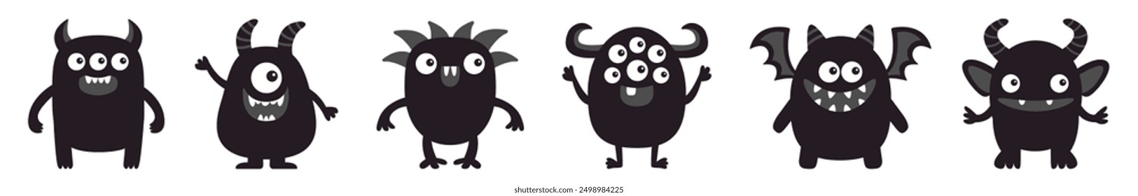 Cute monster set line. Happy Halloween. Cartoon kawaii funny baby character icon. Black silhouette. Horns, wings, fang teeth, eyes. Sticker print. Childish style. Flat design. White background. Vector