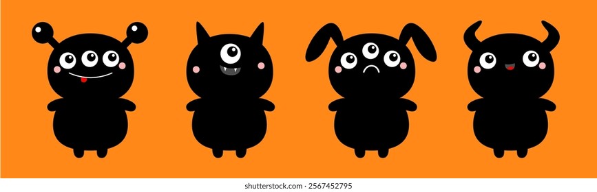 Cute monster set line. Happy Halloween. Kawaii cartoon funny baby character icon. Black silhouette. Horns, fang teeth, eyes. Sticker print. Childish style. Flat design. Orange background. Vector