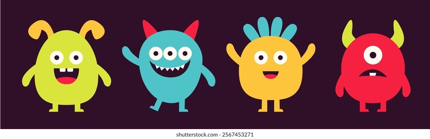 Cute monster set line. Happy Halloween. Colorful silhouette monsters. Cartoon kawaii funny boo character. Different face. Eyes, teeth horns, hands. Flat design. Childish style. Black background Vector