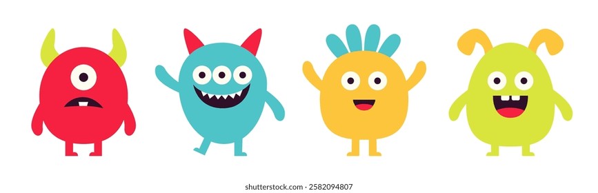 Cute monster set line. Happy Halloween. Cartoon kawaii funny boo character. Colorful silhouette monsters. Different face. Eyes, teeth horns, hands. Flat design. Childish style. White background Vector