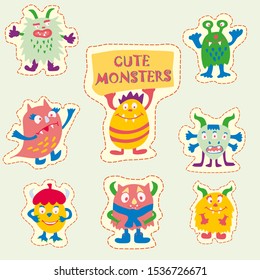 Cute monster set stickers. Vector illustration.