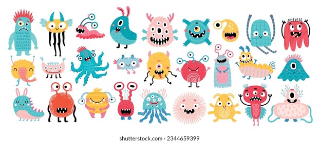 Cute Monster set for your design, childish hand drawn  collection. Nursery Vector illustration.