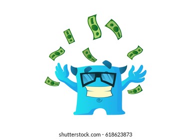 Cute Monster Showering over himself . Vector Illustration. Isolated on white background.