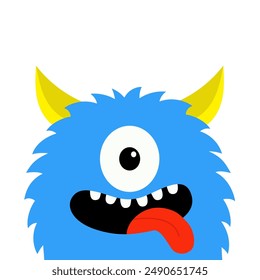 Cute monster showing tongue. Scary face head icon. Happy Halloween. One eye, fangs tooth, horns. Blue silhouette. Cartoon boo spooky kawaii funny baby character. Flat design. White background. Vector