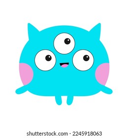 Cute monster silhouette. Happy Halloween. Blue animal. Funny Kawaii cartoon baby character. Three eyes, ears, horns, pink cheeks. Boo. Smiling face. Sticker print. Flat design. White background Vector
