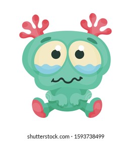 Cute Monster Sitting with His Eyes Full of Tears Vector Illustration