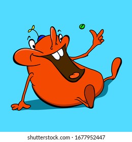 Cute monster smiles and throws a candy in his mouth