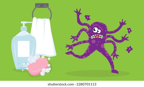Cute monster with soap and shower gel. Vector cartoon illustration.