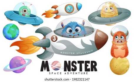 Cute Monster Space Adventure With Watercolor Illustration