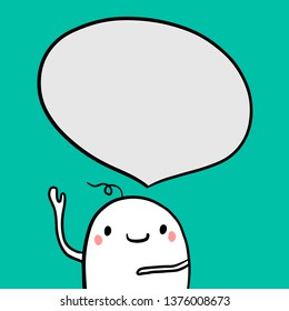 Cute monster with speech bubble on turquoise font hand drawn illustration in cartoon style minimalism