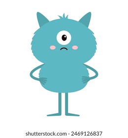 Cute monster standing. Happy Halloween. Blue monsters silhouette icon. One eye, sad face, hands. Cartoon kawaii funny baby character. Childish style. Flat design. White background. Isolated. Vector