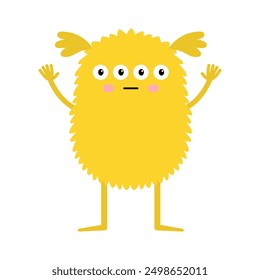 Cute monster standing. Happy Halloween. Yellow monsters silhouette icon. Four eyes, sad face, waving hands. Cartoon kawaii funny baby character. Childish style. Flat design. White background. Vector