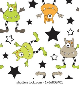 cute monster with starts seamless pattern vector illustration