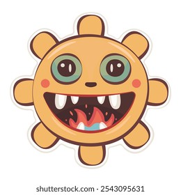 Cute monster sticker, groovy sun, vector orange character, hippy and trippy avatar, trendy funky illustration