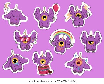 Cute monster stickers. Isolated vector illustration. Kid cartoon sticker pack. Purple people eater with different face expressions. Funny set with one eyed winged creature. Flat line art