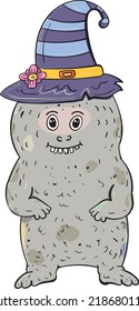 Cute monster in a striped witch hat
