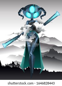 
cute monster with swords in the fog on a background of mountains