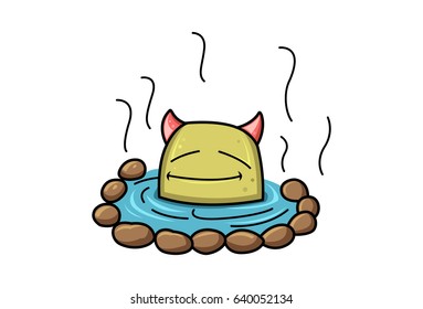 Cute Monster taking a hot bath. Vector Illustration. Isolated on white background.