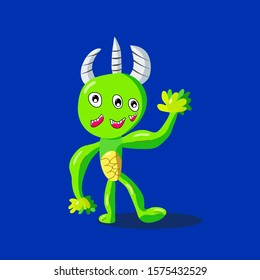 Cute monster, three horn, hand-up, toothy, quirky character, vector/illustration