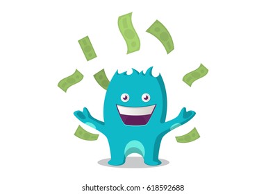 Cute Monster throwing money over himself. Vector Illustration. Isolated on white background.