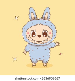 Cute Monster Toy Fluffy Labubu. Cartoon Funny playful kawaii fantasy character. Vector illustration. Kids collection for stickers, merchandise, mascot, apparel and design