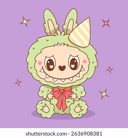 Cute Monster Toy La bu  in birthday hat. Fluffy Cartoon Funny kawaii green fantasy character. Vector illustration. Kids collection for stickers, merchandise, mascot, apparel and design