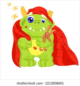 Cute monster with a toy in its paws. Green Monster with a blanket. Vector illustration.