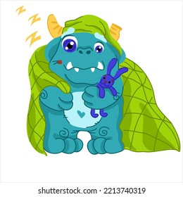 Cute monster with a toy in its paws. Green Monster with a blanket. Vector illustration.