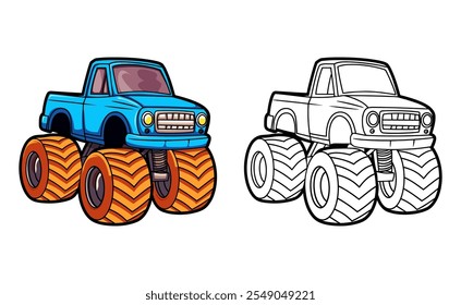 Cute monster truck cartoon line art coloring pages book for kids vector illustration