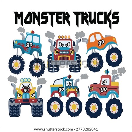 Cute Monster Trucks Cartoon Set for Kids Vector Illustration