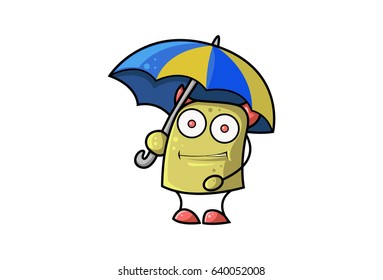 Cute Monster with an Umbrella. Vector Illustration. Isolated on white background.