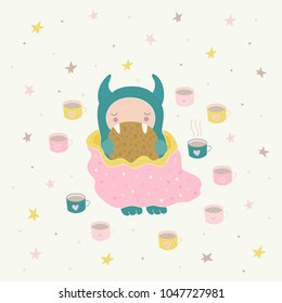 A cute monster under a blanket, eating a cookie, drinking a tea. Funny cartoon character, kids illustration. Can be used for making postcards, stickers, kids textile, or t-shirts. Vector art.