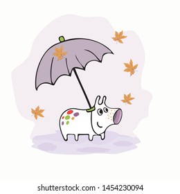 Cute monster under umbrella, autumn, vector illustration, hand drawing for your design. Children's style. Notebooks, postcards, labels, diaries, accessories-school, stickers, t-shirts, banners