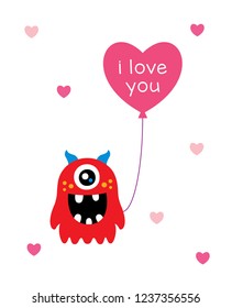 cute monster valentine greeting card with balloon