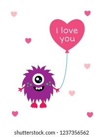 cute monster valentine greeting card with balloon