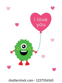 cute monster valentine greeting card with balloon