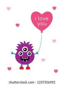 cute monster valentine greeting card with balloon