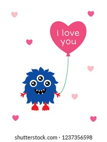 cute monster valentine greeting card with balloon